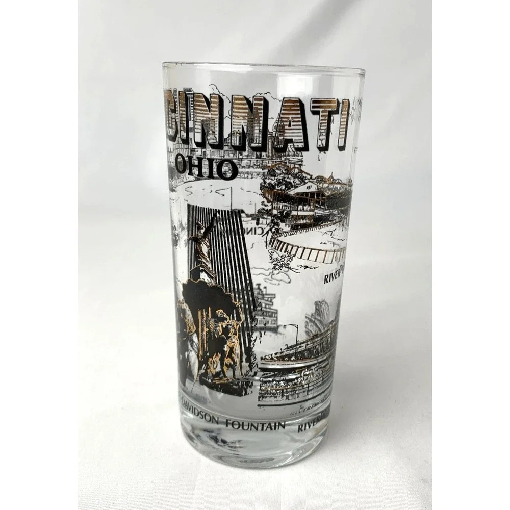 Cincinnati‎ Ohio Highball Tumbler Glass Vintage Landmarks MCM Black Gold Barware